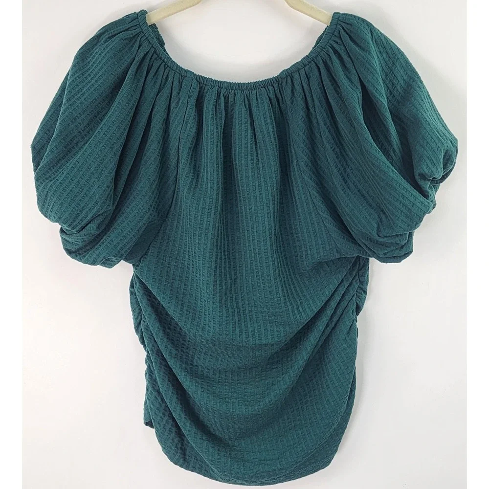 LOFT Ruched V Neck Top Women's M Green Puff Sleeve Ribbed Casual Minimalist